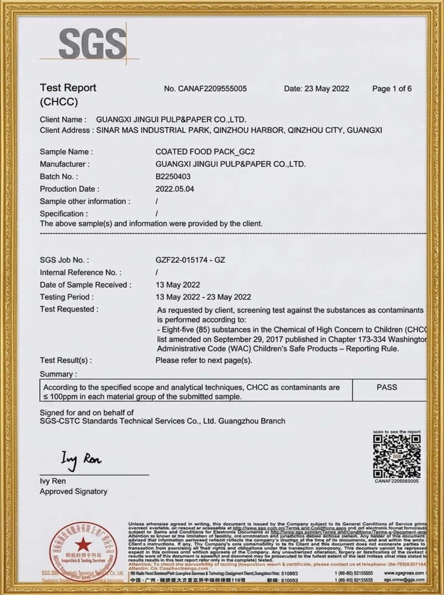 Food-Grade Paper fan Test Certificate